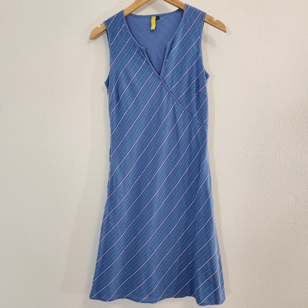 Lole Dress Womens 6 Blue Cotton Casual Embroidered Knee Length Striped Coastal